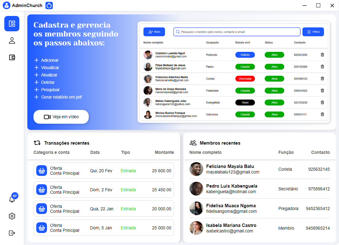 Interface principal do AdminChurch mostrando o painel de controle